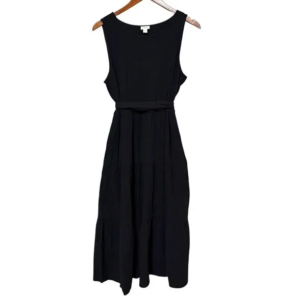 J.Crew Black Sleeveless Tiered Midi Dress With Waist Tie Size 12 - Picture 1 of 7